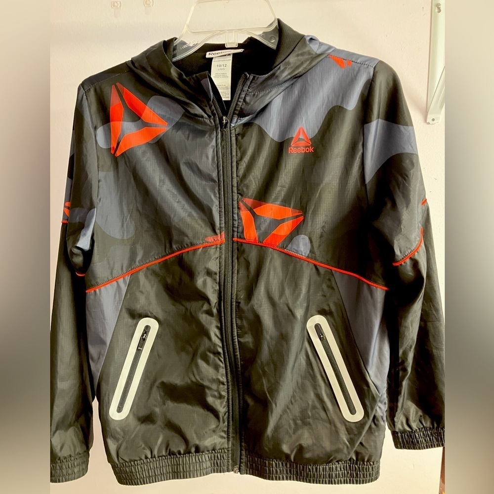 Reebok Boy’s Lightweight Jacket, Size L (10-12), Black/Gray/Orange